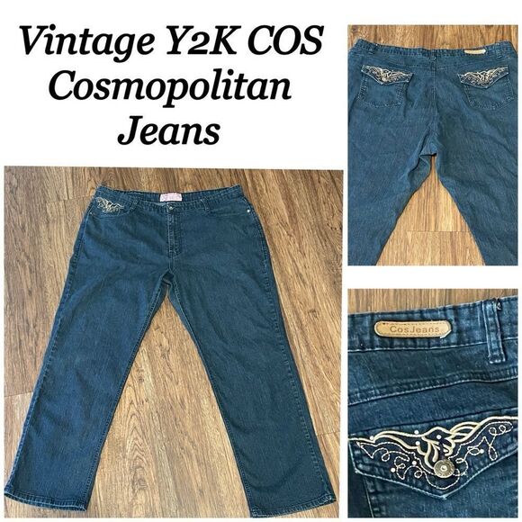 Vintage Y2K COS Cosmopolitan Jeans Stretchy Jeans Blue With Gold Embroidery 20W - Picture 1 of 13